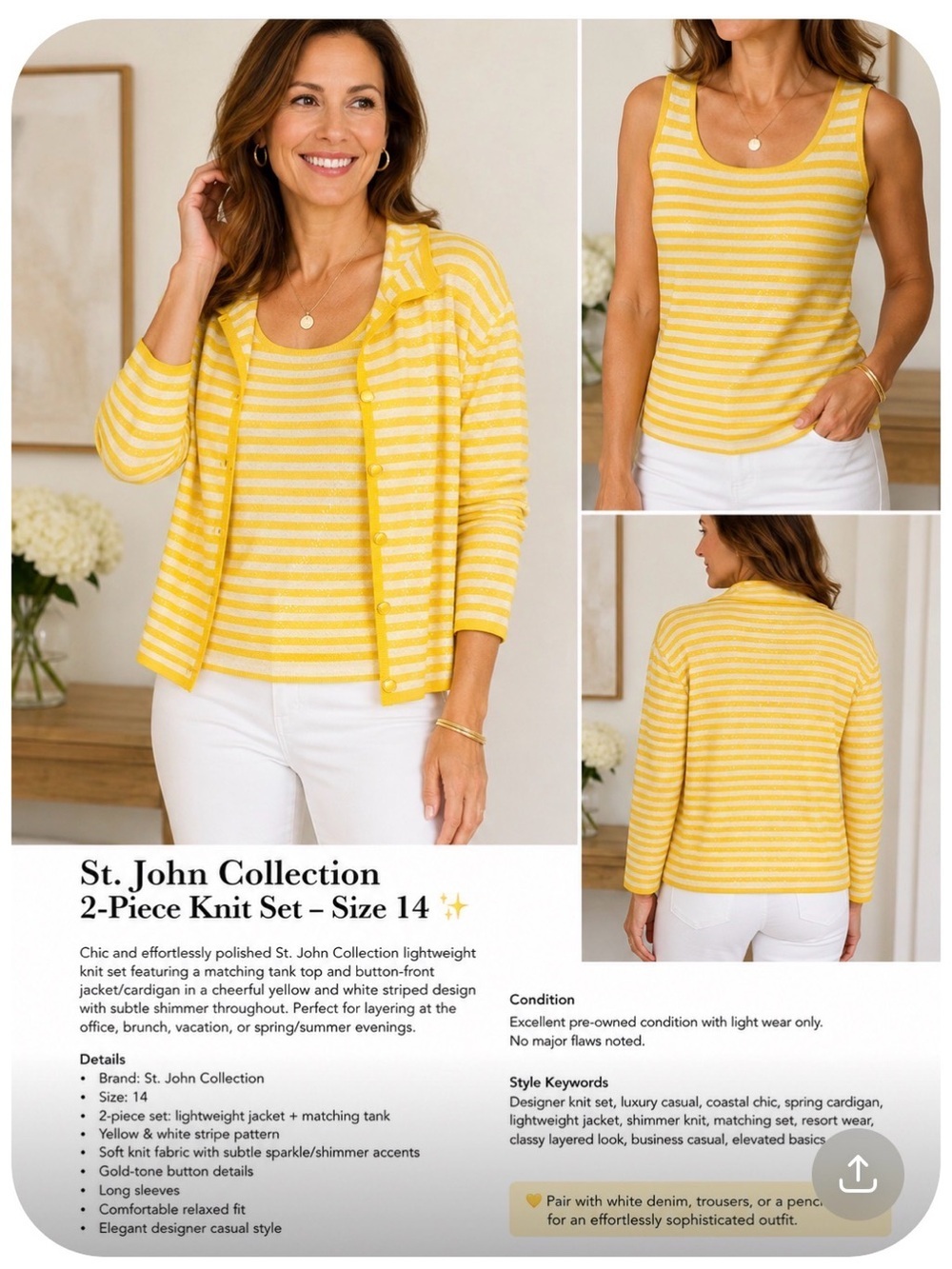 St. John Collection Yellow & White Striped Knit Tank Cardigan Set, size 14 BNWT